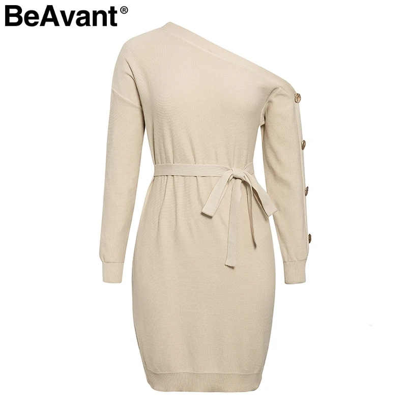 BeAvant Elegant one shoulder knitted dress women Fashion buttons sash female autumn dresses Casual loose winter ladies vestidos