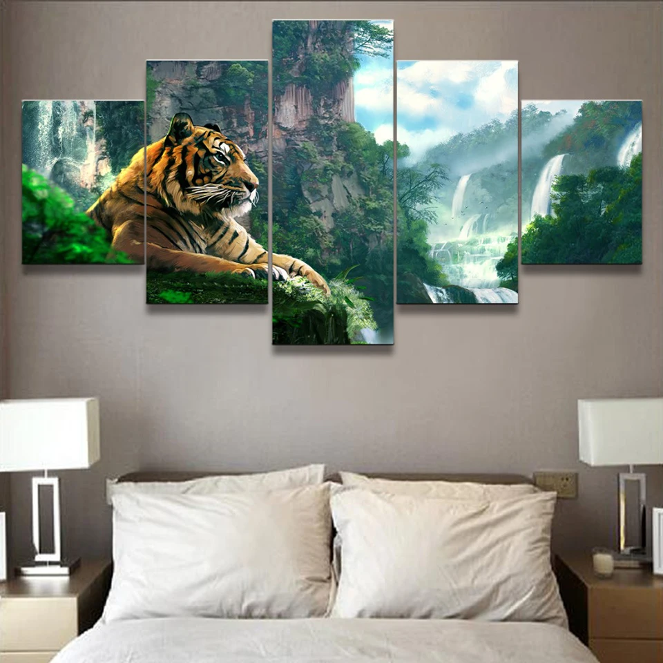 

Living Room HD Printed Poster Modern Wall Art Painting 5 Panel Tiger And Mountain Waterfall Home Decoration Pictures Framework