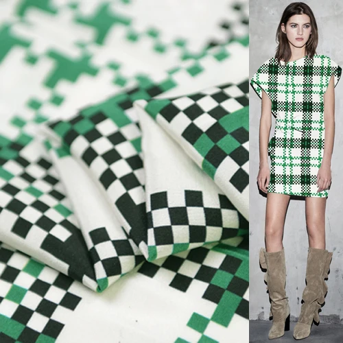 

Heavier silk Crepe DE chine fabric geometric design gingham plaid print,SCDC773