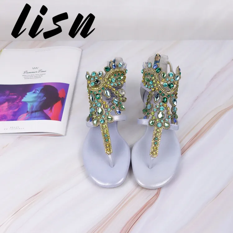 

LISN New Bohemia Style Genuine Leather Diamond Crystal Zip Side Summer Sandals Open Toe Heel Sandals Shoes Women