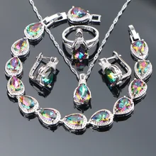 Волшебные радужные кубические циркония ювелирные наборы 925 пробы серебряные серьги для женщин свадебный браслет кольца ожерелье набор подарочная коробка