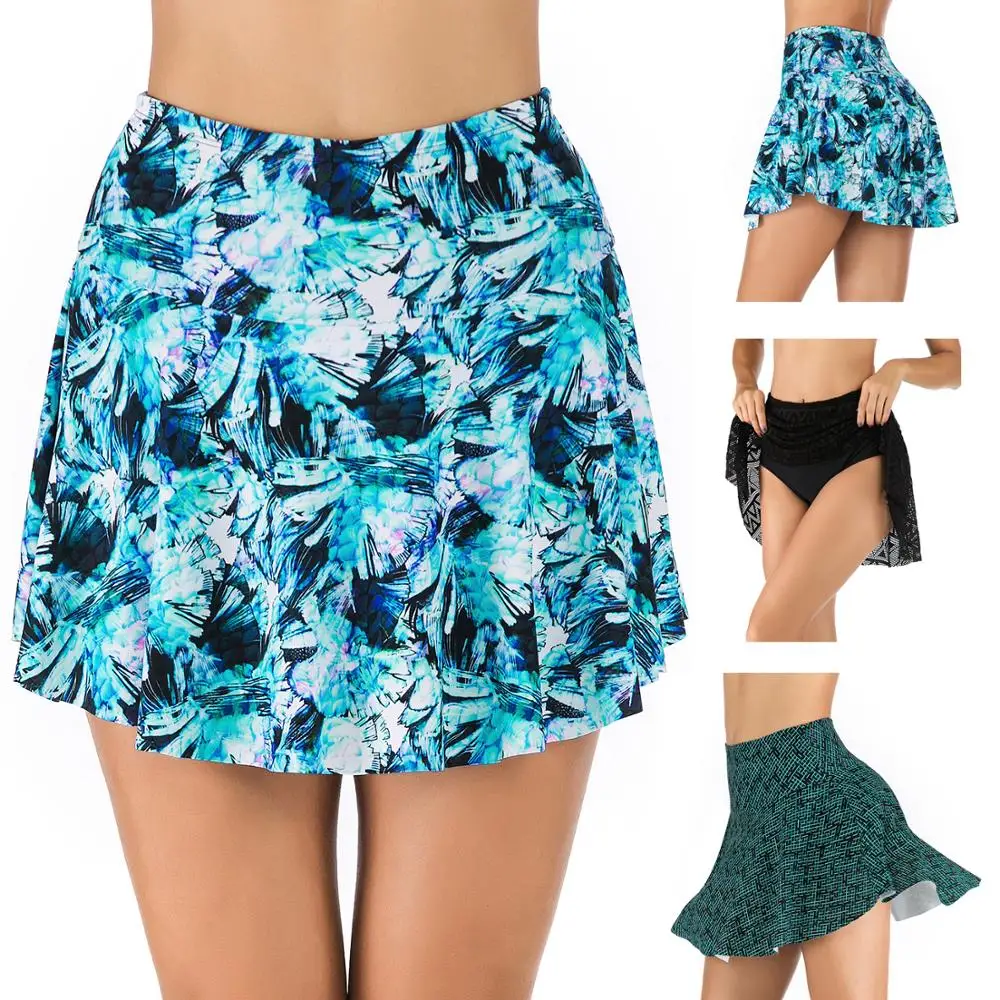 

Women High Waist Swimdress Brief Short Tummy Control Non See-Through Cover Up Swimsuit Print Skirted Bikini Bottom UV Protection