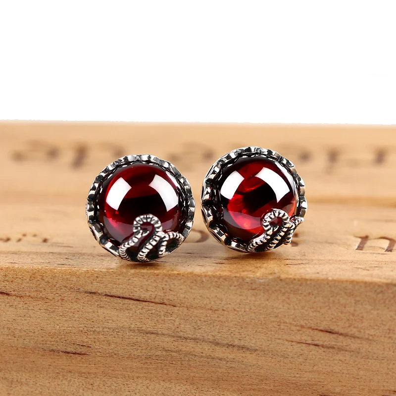 

925 Sterling Silver Fine Jewelry Vintage Embroidery Rubellite Ruby Stud Earrings Women's Fashion Flowers Oorbellen for Party New