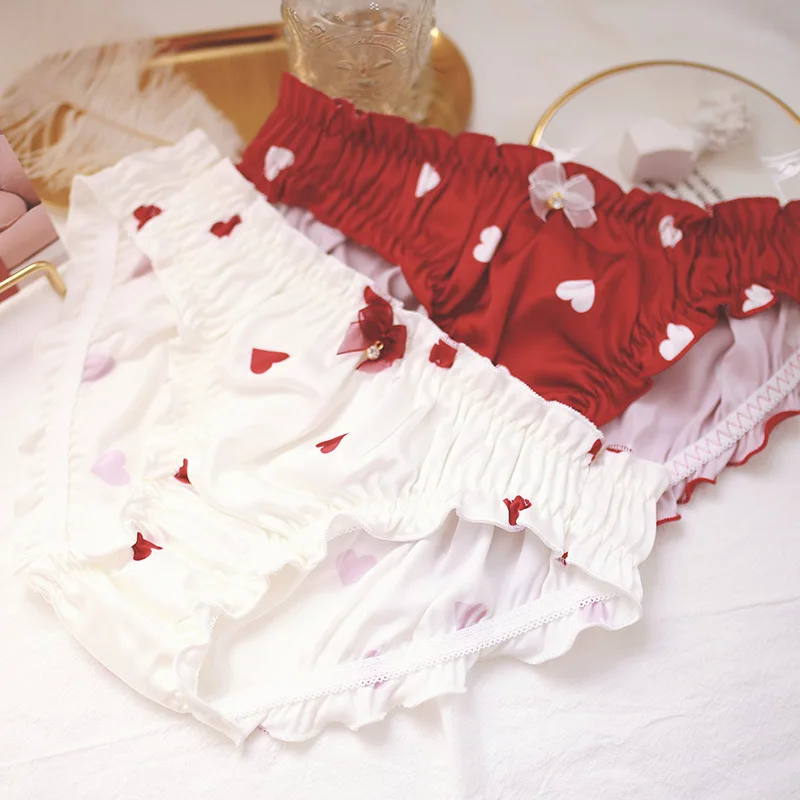 

Satin Silk Heart Print Cute Lovely Sweet Women Underwear Low Waist Bow Ruffle Japanese Style Girl Panties Seamless Female Breifs