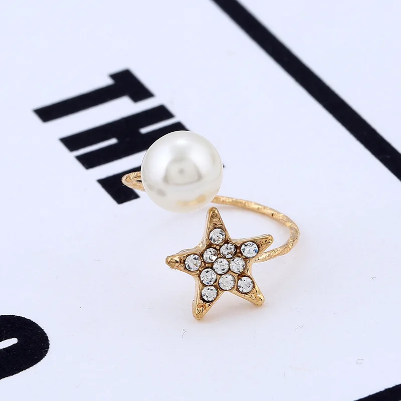 

Simple Alloy Gold Pearl Rings for Women Pentagram with Zircon No Fading Party Adjustable Rings for Girls Bague Femme