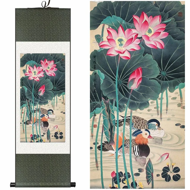 Chinese Silk watercolor flower bird Lotus love mandarin duck ink art