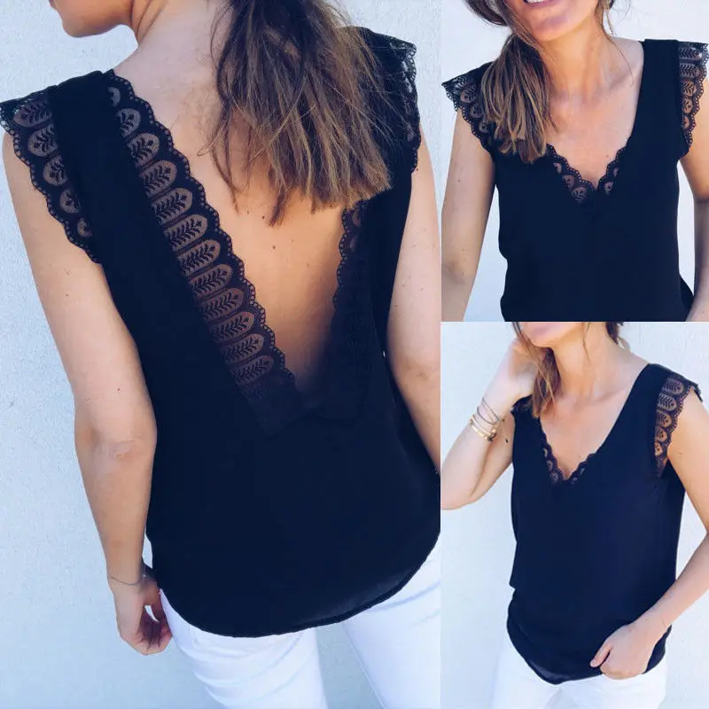 

2019 Nieuwe Mode Kant Camis Sexy Vrouwen Zomer V-hals Top Mouwloze Lady Casual Strappy Backless Tank Tops Loose Shirt