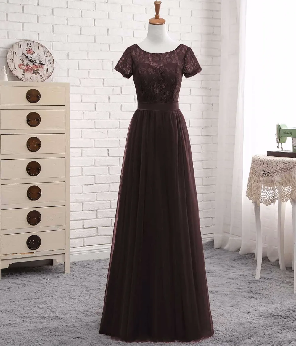 Solovedress элегантный короткий рукав Дешевые линии розовый тюль платье подружки невесты 2018 кружево с поясом vestido de festa longo SLD-PGE027