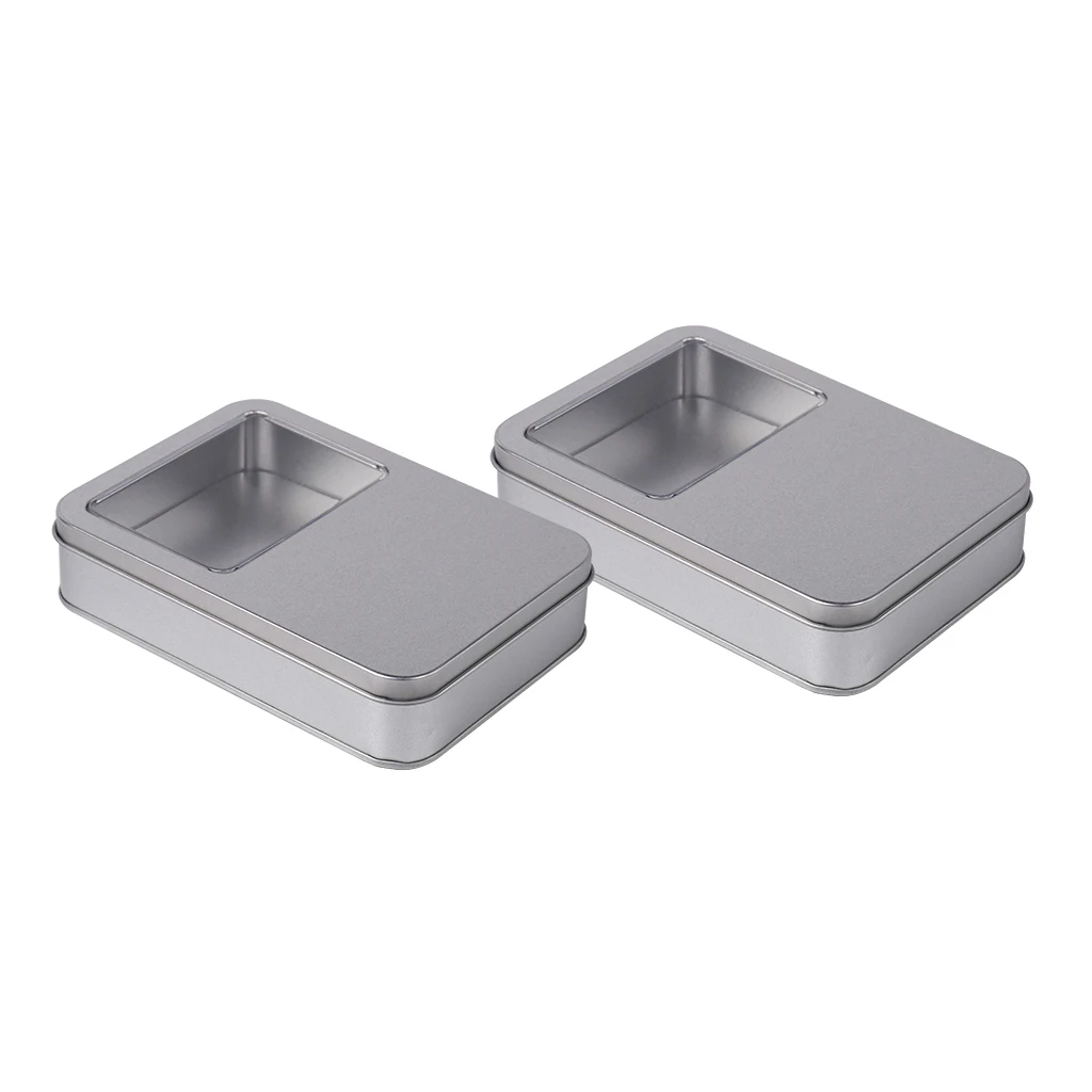 2 Pieces Rectangular Empty Tin Clear Window Top Metal Tin Can Box Storage Case Crafts Survival Kit 160x110x35mm