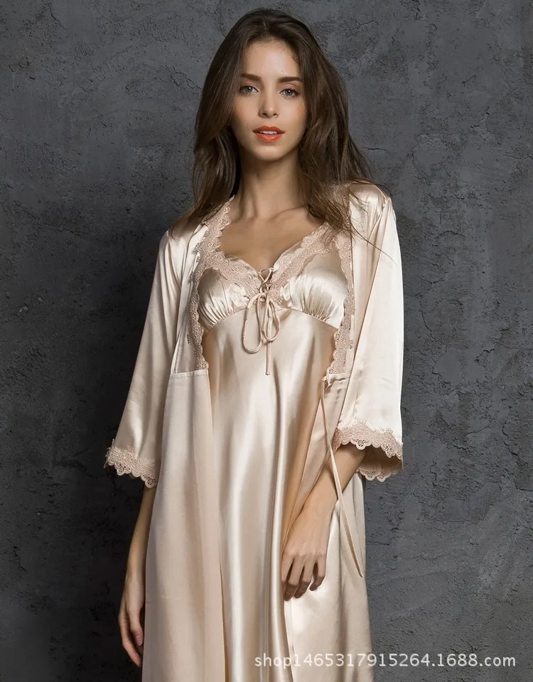 2020 Women Sexy V Neck Silk Satin Night Dress Long Sleeveless Nighties Nightgown Nightdress Lace 