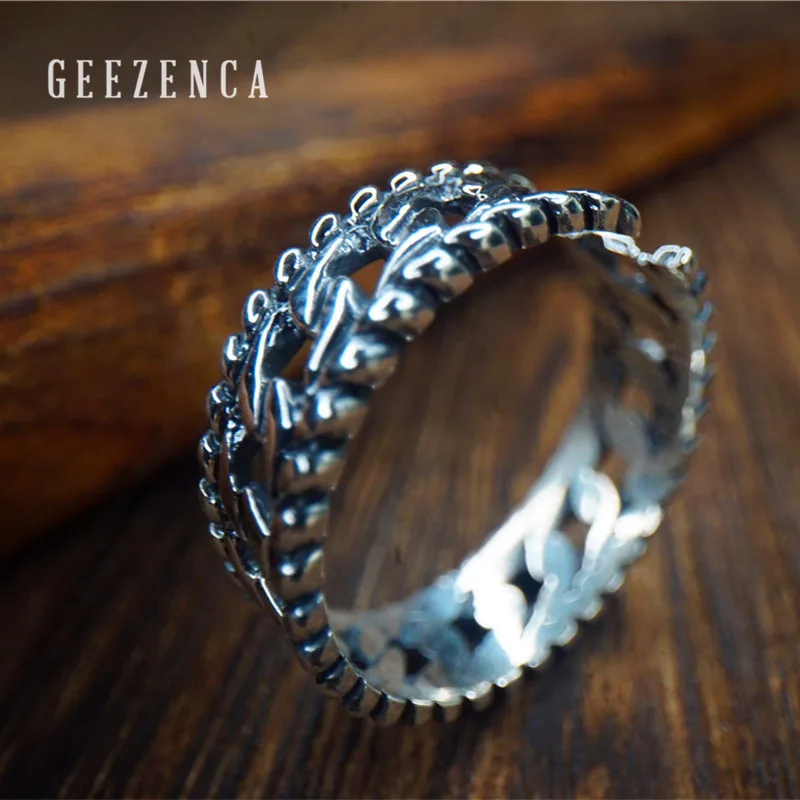 

GEEZENCA-925 Sterling Silver Handcrafted Thai Spiral Grain Wave Open Ring Punk Vintage Fine Jewelry Rock Unisex Gift Woman Party