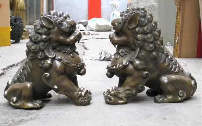 

China Bronze Palace Evil Guardian FengShui Foo Dog Lion beast Copper Lions Pair