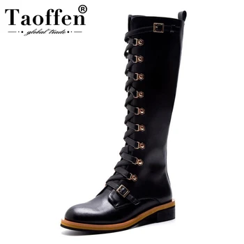 

TAOFFEN Women Flats Boots Genuine Leather Winter Zipper Woman Shoes Rivets Knee High Boots Fashion Warm Knight Boots Size 34-40