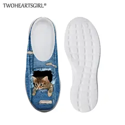 Twoheartsgirl Прекрасный Denim Cat Ptints Для женщин летние дышащие тапочки Повседневное женские туфли на плоской подошве обувь сабо обувь пляжные