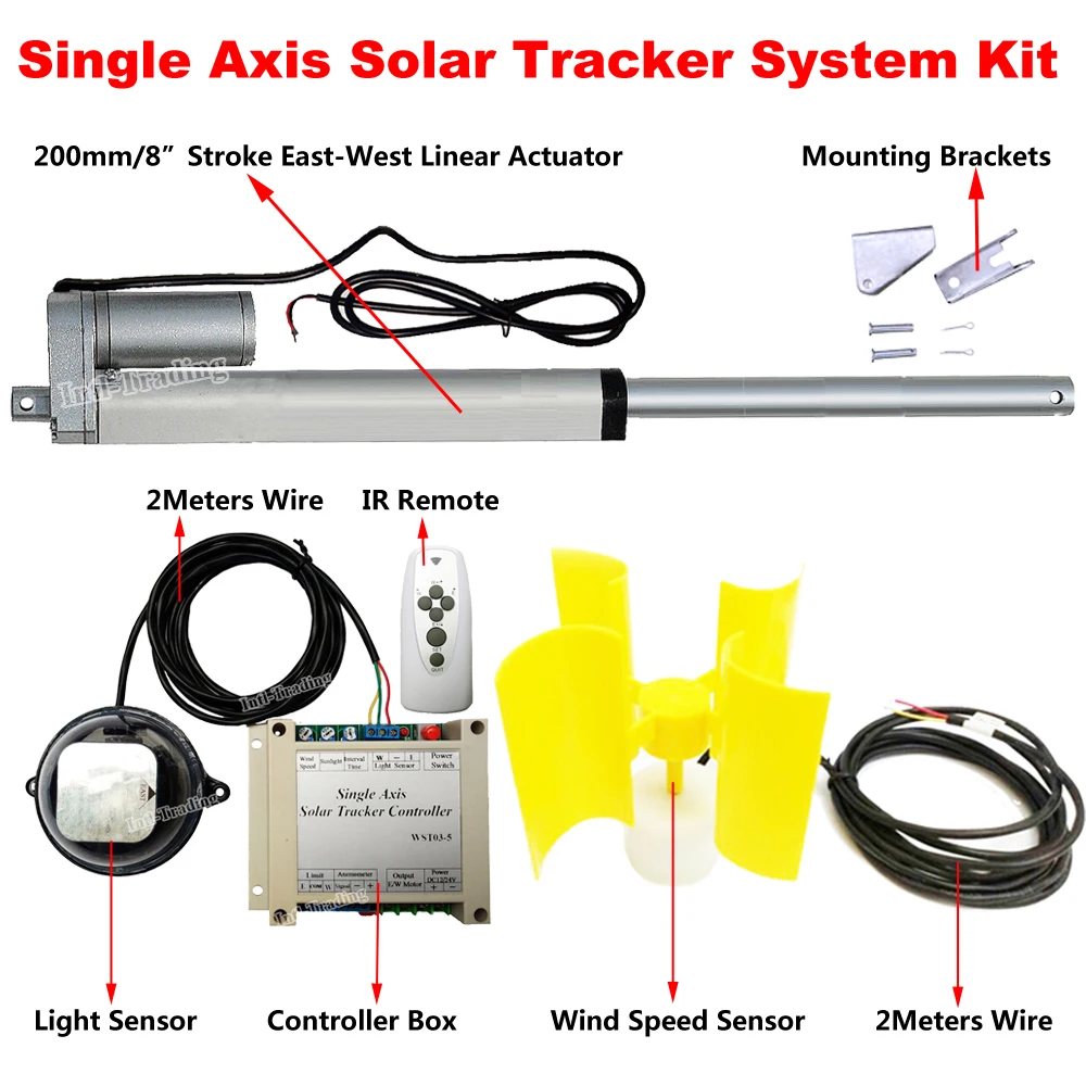 

Complete 1000W Single Axis Solar Tracker -8" Linear Actuator +Electronic Controller +Wind Speed Sensor 12V DC Motor Sun Track