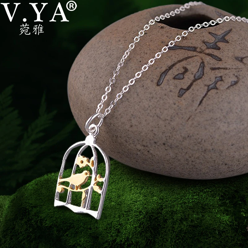 

V.YA Real 925 Sterling Silver Birdcage Design Chain Pendant Handmade Fine Jewelry Bird Design Pendant with Necklace for Women