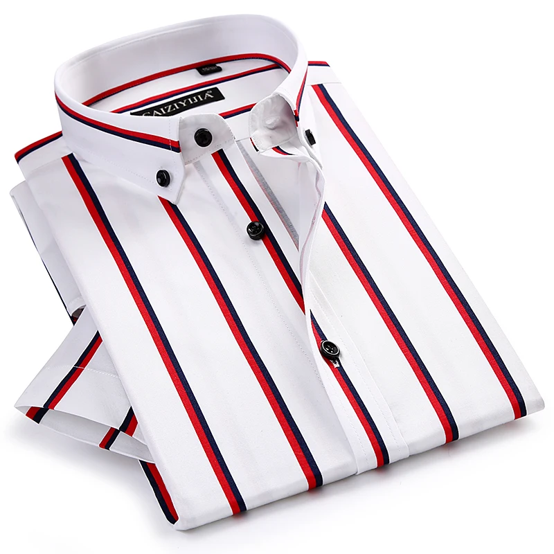 

Pure Cotton High-end Contrast Wide Striped Smart Casual Men Shirts Button-down Collar Slim Fit Short Sleeve Men Dress Shirts