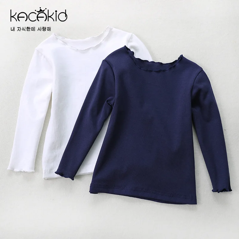 

Kacakid Spring children's cotton clothing Tees sweet girl T-shirt kids Solid color cute shirt baby Long sleeves shirt Tops