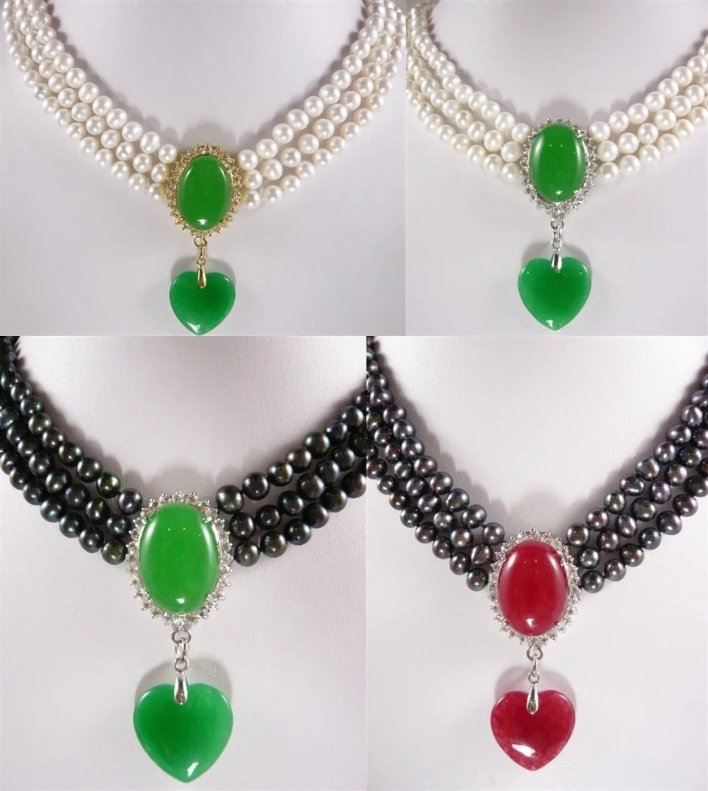

FREE SHIPPING4 color-3 row 6-7mm white/black pearl necklace & green/red heart jade pendant