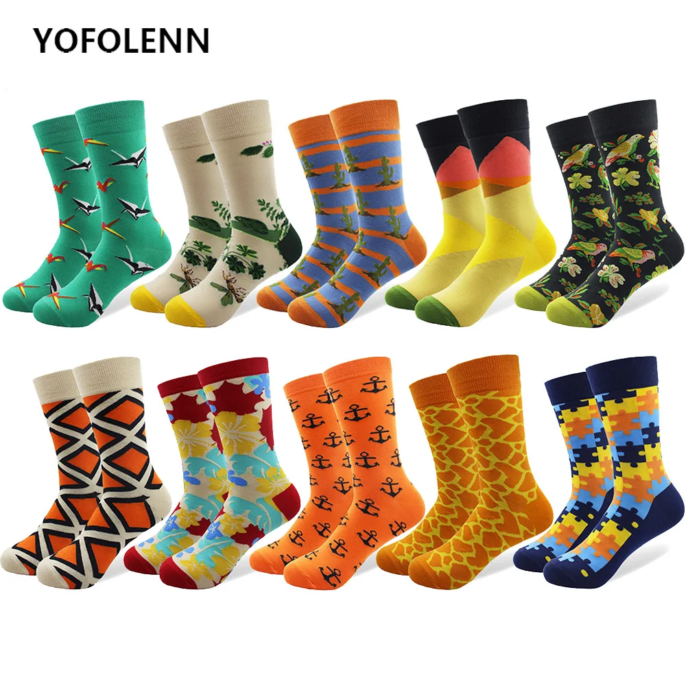 10 Pairs/lot Colorful Men's Combed Cotton Dress Wedding Socks Casual Mid-calf Funny Cool Skateboard Socks Christmas Gifts