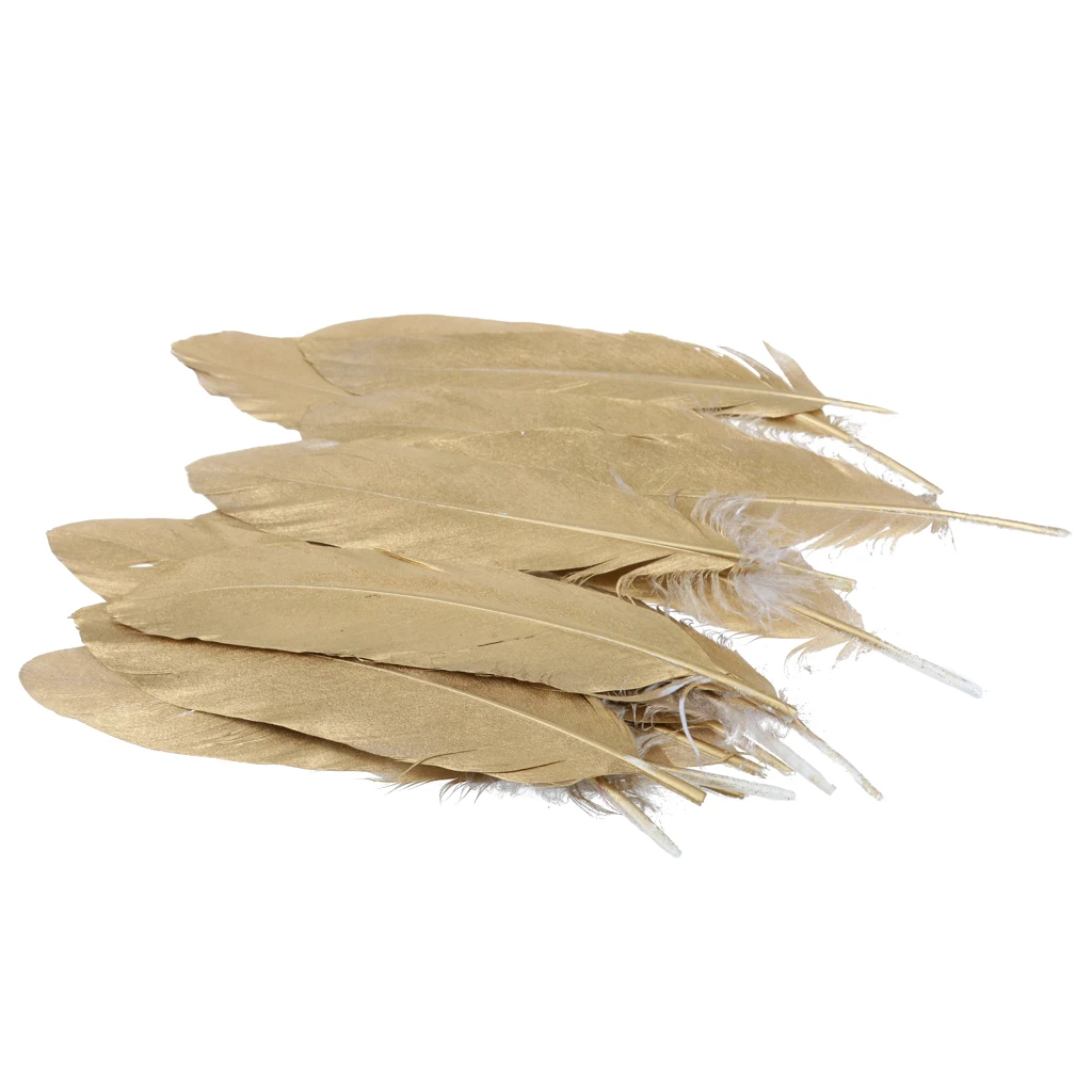 fityle 24pcs Natural Goose Feather for DIY Crafts Hat Making Paty Decoration 15-20cm White and Gold