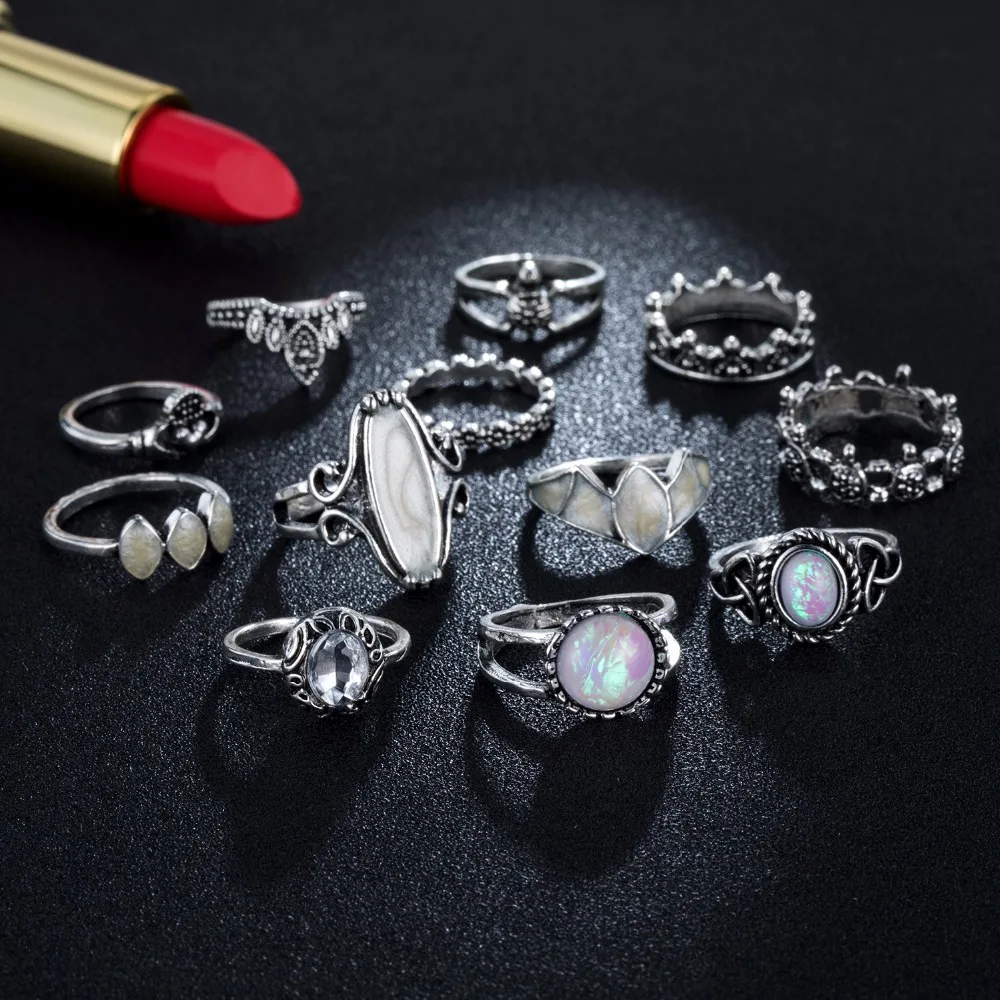 

AILEND vintage natural OPAL stone ring Set for women fashion rings heart knuckle crown Rings Boho jewelry 12pcs / lot