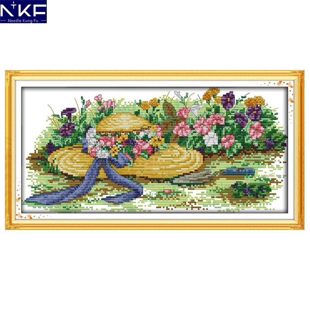 NKF Flowers and Straw Hats Stamped Cross Stitch Pattern 11CT14CT DIY