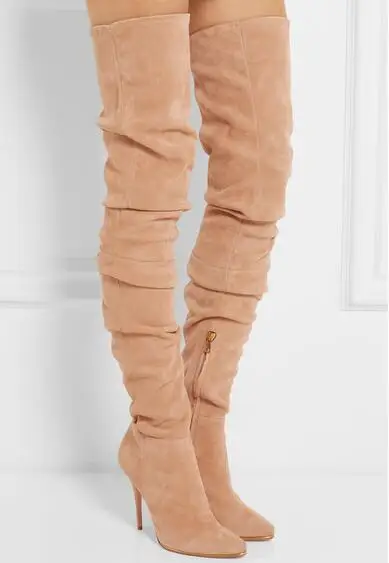 Hot Selling Beige Grey Suede Leather Over The Knee Boots Pointed High Heel Side Zipper Tight High Boots Women Long Boots