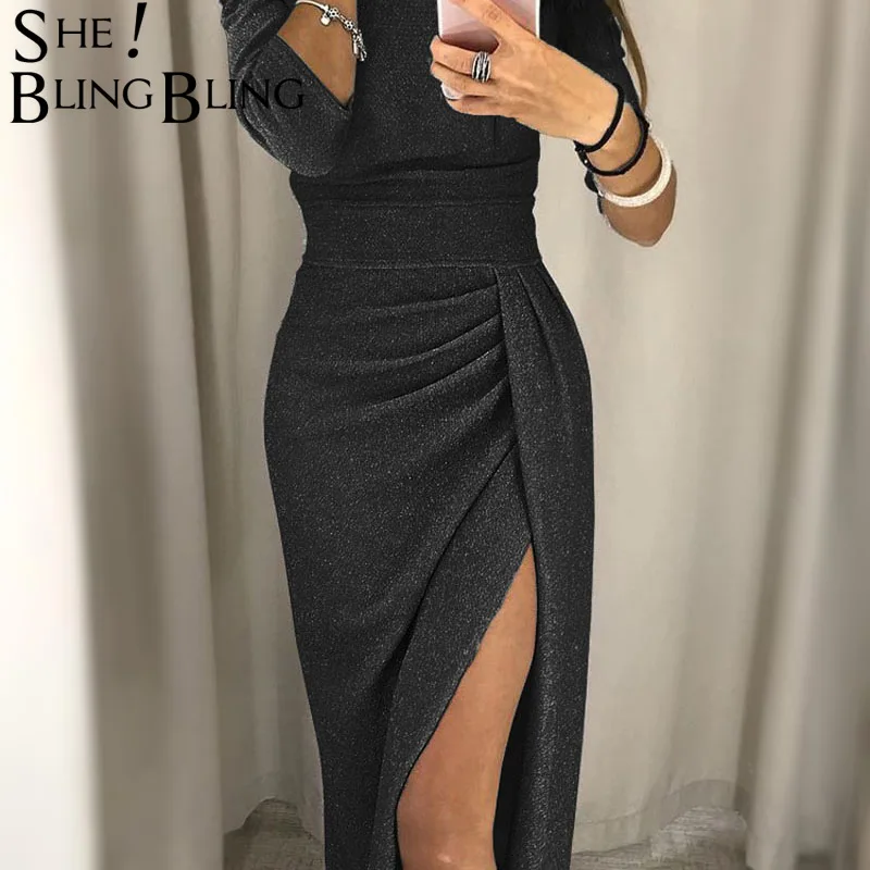 

Sheblingbling Off Shoulder Long Sleeve Sexy Bodycon Dress Women High Waist Split Solid Color Midi Female Party Dresses