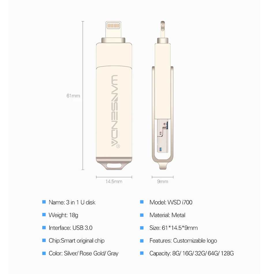 WANSENDA, 3 в 1, USB флеш-накопитель для IOS/Android/PC, 128 ГБ, 64 ГБ, 32 ГБ, 16 ГБ, USB3.0, флешка, многофункциональная флешка, карта памяти