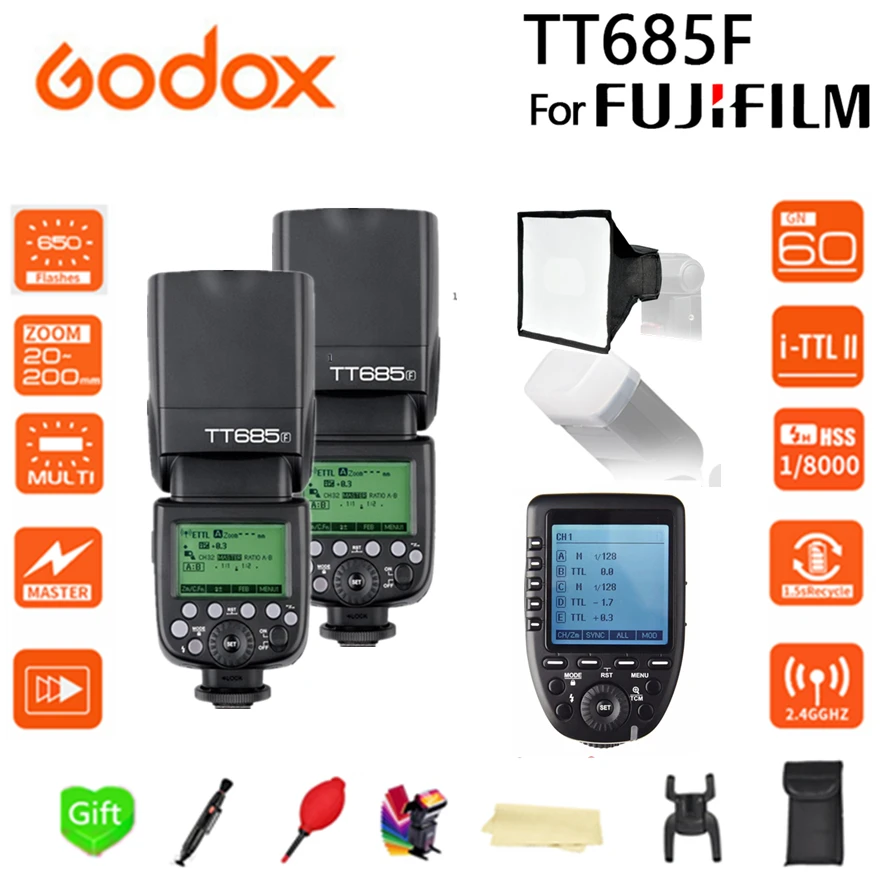 

2x Godox TT685F TT685 2.4G Wireless TTL HSS 1/8000 s Speedlite Flash + 15*17 softbox + XPRO-F Trigger Transmitter for Fujifilm