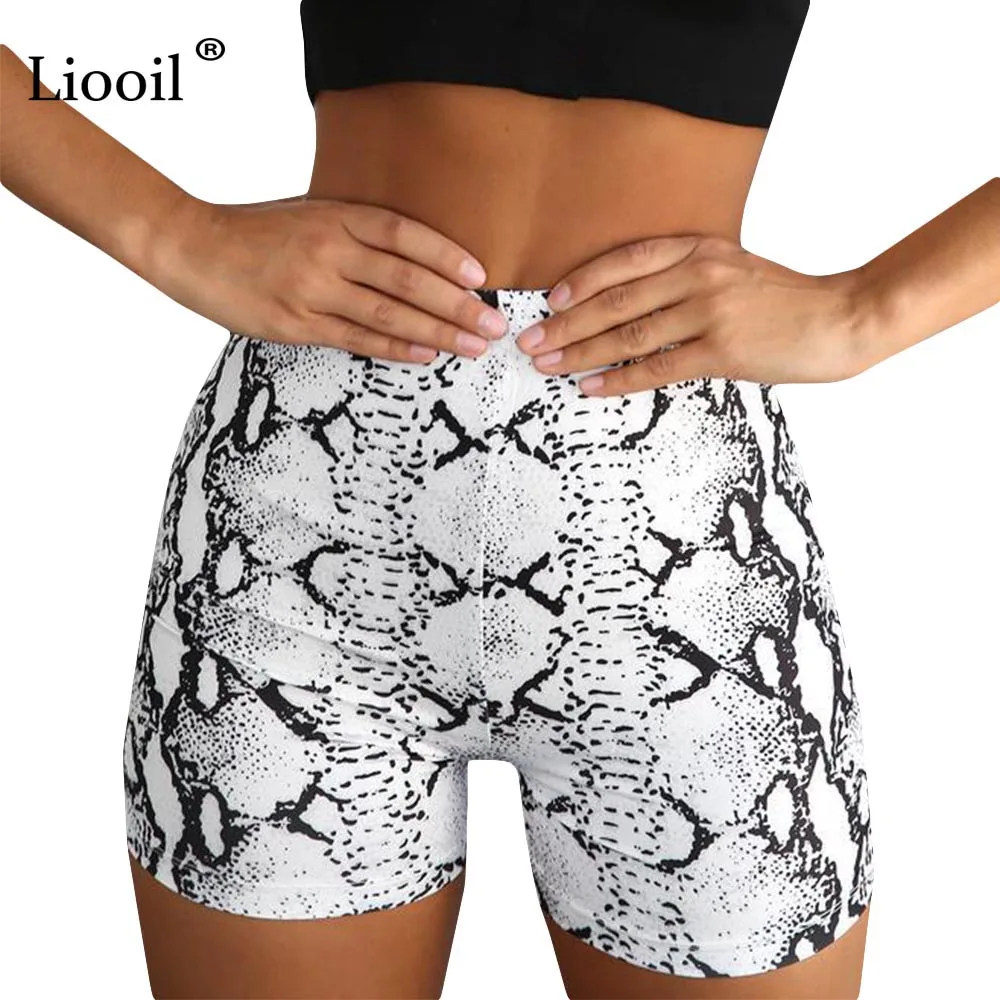 

Liooil Sexy White Snake Print Shorts Women 2019 Summer Casual Bodycon Spandex Shorts Womens Clothing Club High Waist Short Pants