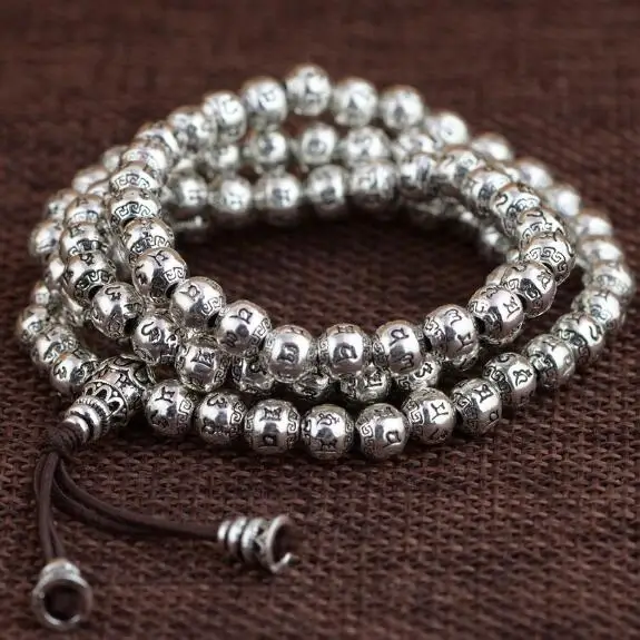 

NEW 925 Silver Tibetan Mala Silver Buddhist Prayer Rosary Beads Tibetan 108 Six Words Proverb Beads Mala OM Beaded Buddha Amulet