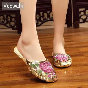 

Veowalk Handmade Vintage Women's Slippers Flat Heel Ladies Chinese Bling Sequins Flower Soft Sole Casual Summer Outside Shoes