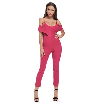 

wholesale 2019 new Jumpsuits rose Red Ruffles Fashion casual Sexy Boutique Celebrity bandage Rompers (H2969)