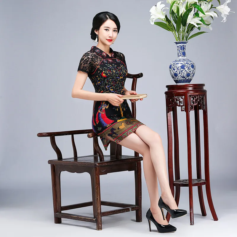 Летние женские с коротким рукавом Qipao китайские винтажные v-образным вырезом с принтом Чонсам с цветами сексуальное кружевное Деловое платье плюс размер 3XL 4XL 5XL