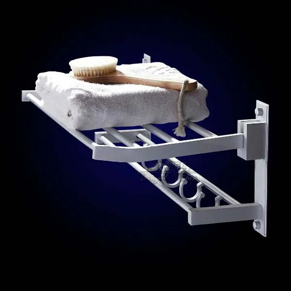 Shelf Space Aluminum Folded Bathroom Double layers Towel Racks With Hooks Washroom Storage Shelves Quality Free shipping KF162 free shipping single layer towel racks with hooks plastic towel holder wall powerful suction cup bathroom towel shelf