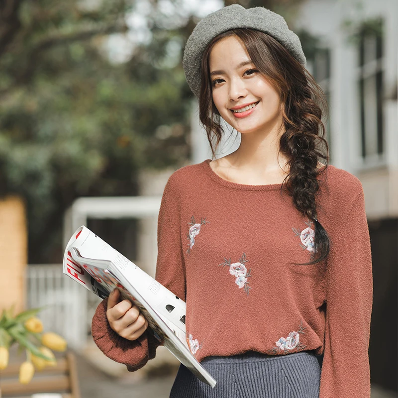 INMAN 2019 Autumn New Elegant Fresh Embroidered Fitted Lanterns Sleeves Long-sleeved Female Sweater | Женская одежда