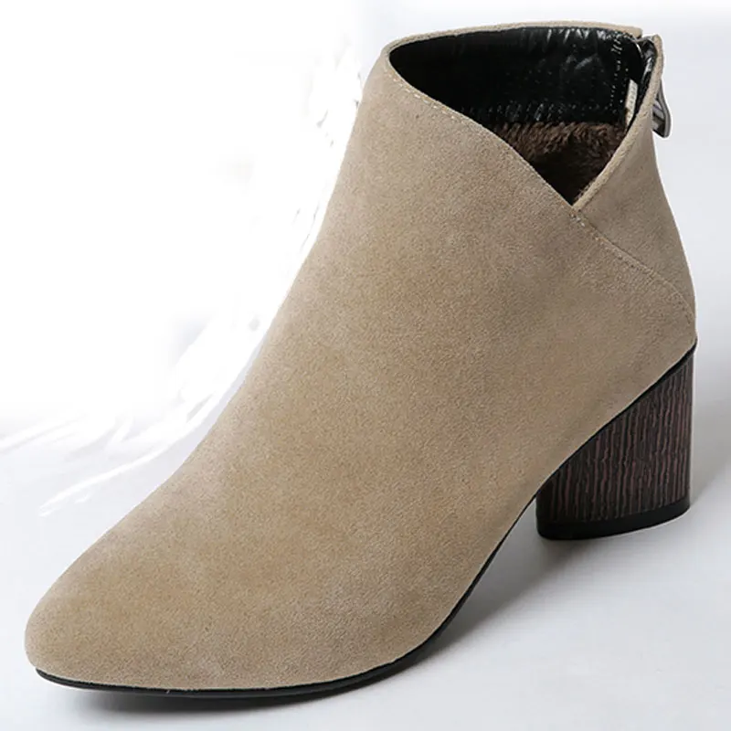 

2016 Women Ankle Boots Zipper Shoes Suede Med Heels Low Top Solid Shoes Pointed Toe Med Heels Pumps Spring Autumn Woman ZT667