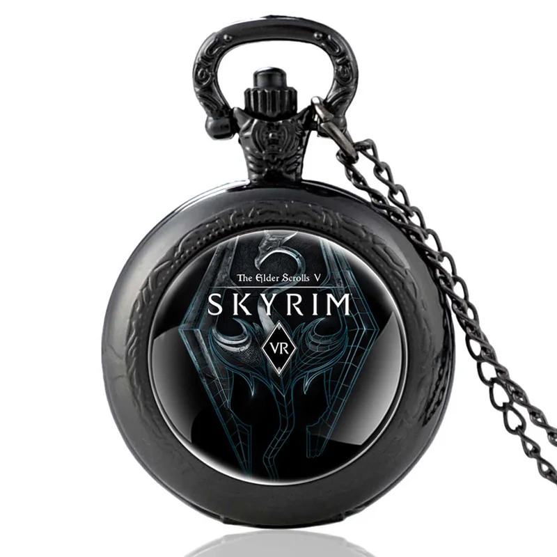 Винтажные бронзовые часы The Elder Scrolls V Skyrim, кварцевые карманные часы, классические мужские и женские часы с ожерельем - Цвет: P609-Black