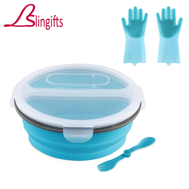 

Slingifts Silicone Collapsible Bento Lunch Box with Cleaning Gloves Set Microwave Oven Bowl Folding Food Storage Container