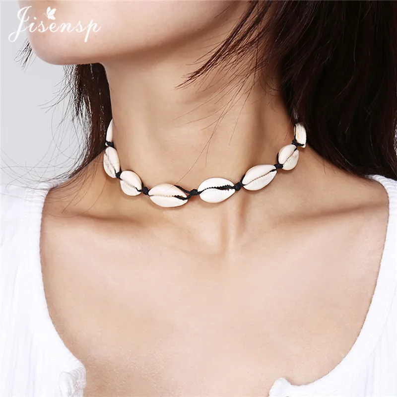 Jisensp New Fashion Black Rope Chain Natural Seashell Choker Necklace Collar Boho Shell Chokers Necklaces for Summer Beach Gift