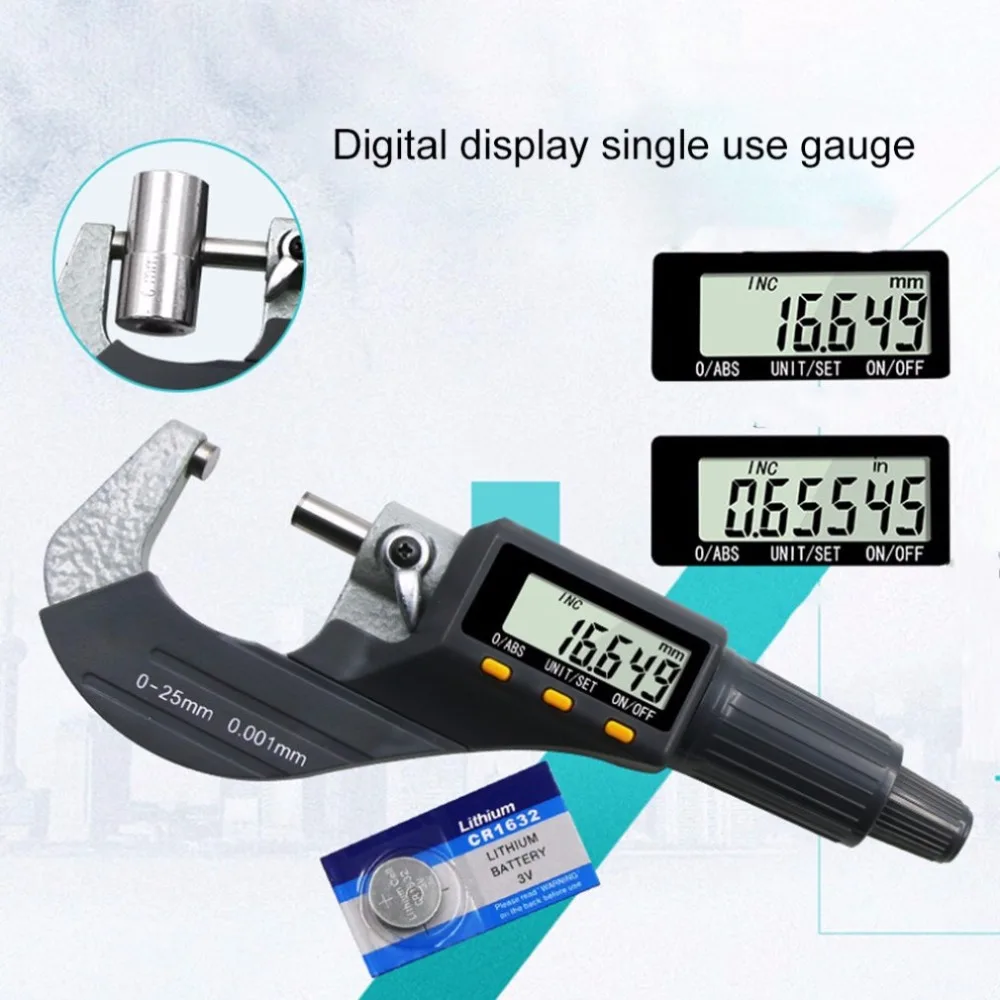 

0-25mm Range Electronic Outside Micrometer LCD Display Digital Gauge High Precision 0.001mm/0.00005" Carbide Tip