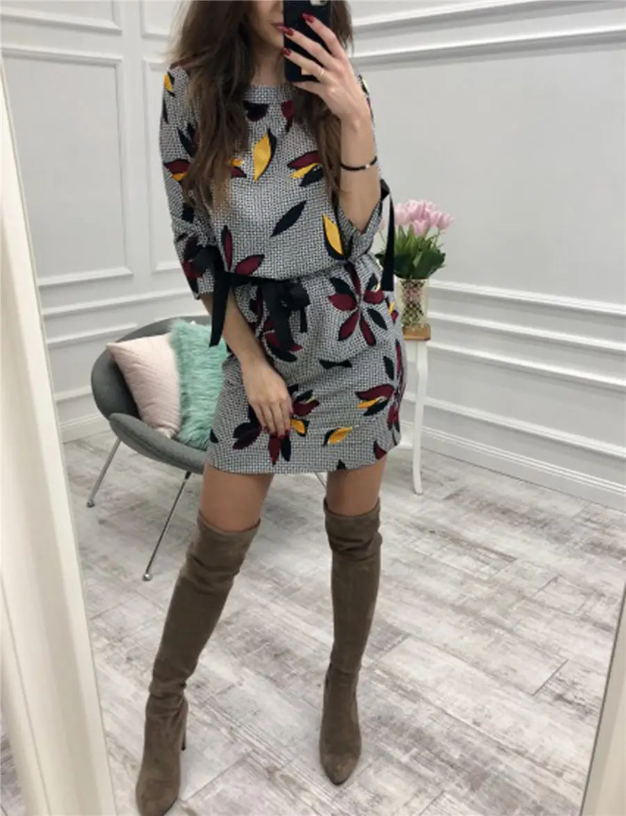 Gladiolus Floral Print Women Autumn Dress 2018 O-Neck 34 Sleeve Belt Tunic Fashion Chiffon Dress Women Casual Mini Dresses 2XL (11)