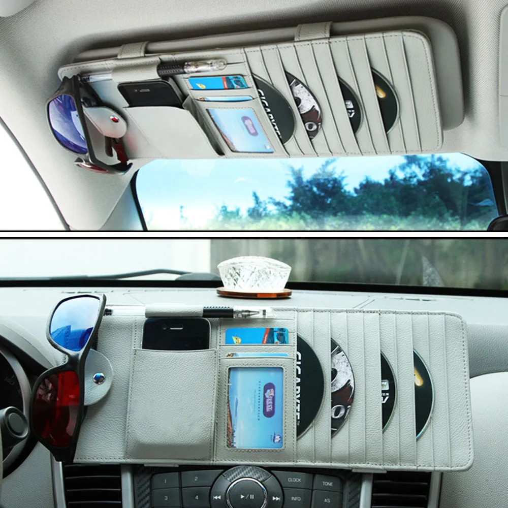 Genuine Leather Multifunction PU Car Sun Visor Storage Bag Auto Glasses Ticket Documents Folder Mobile Phone Organizer