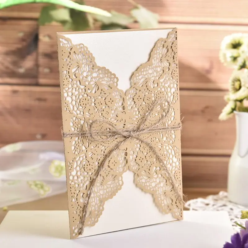  10pcs/set Hollow Lace Wedding Party Invitation Cards With Kraft Paper Inner Sheet Envelopes Hemp Ro - 33029663254