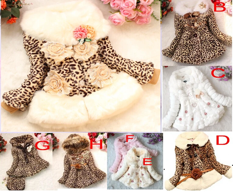 

Retail Girls Leopard faux fox fur collar coat clothing flower Autumn Winter Cotton-padded jacket Children outerwear dress jacket