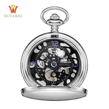 OUYAWEI Fashion Black Steampunk Skeleton Fob Watches for Men Chain Male Clock Hand Wind Emblem Antique Mechanical Pocket Watch