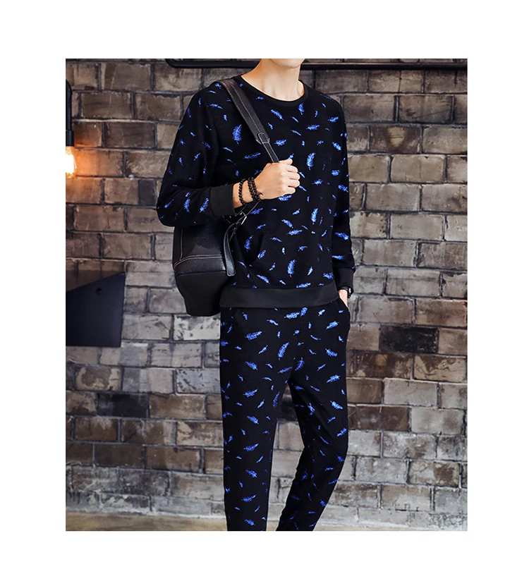 TANG Men Tracksuit 3xl Gold Feather Print Tracksuit Men Set Chandal Hombre Completo Autumn Jogginganzug Herren Black blue