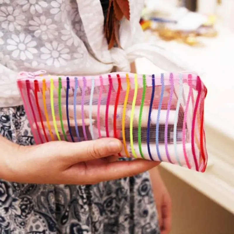 

New Transparent Nylon Makeup Bag Large Capacity Waterproof Cosmetics Storage Bag Colorized Stripes Pattern
